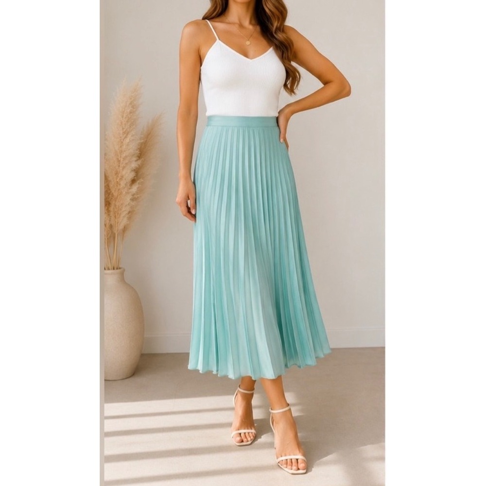 Zara Womens Seafoam Aqua Blue Pleated Satin Midi Skirt High Waist Size Medium